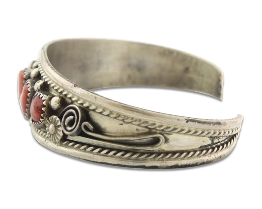 Vintage Navajo Bracelet 925 Silver Red Coral Handmade Signed I J Brown