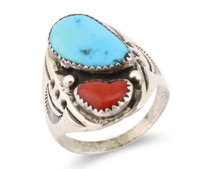 Navajo Ring 925 Silver Sleeping Beauty Turquoise & Coral Native Artist C.80s