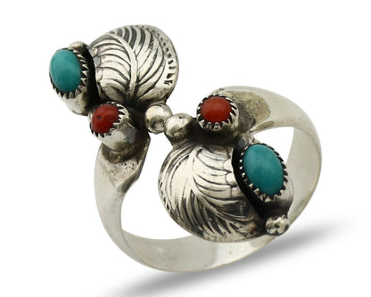 Navajo Adjustable Ring 925 Silver Turquiose & Coral Native Artist C.80's
