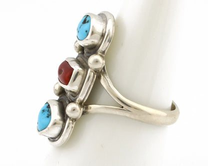 Navajo Ring 925 Silver Sleeping B Turquoise & Coral Native American Artist C.80s