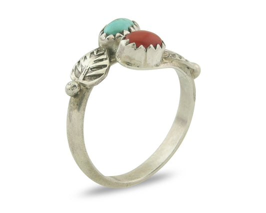 Vintage Navajo Band 925 Sterling Turquoise & Coral Native Artist Size 6.0