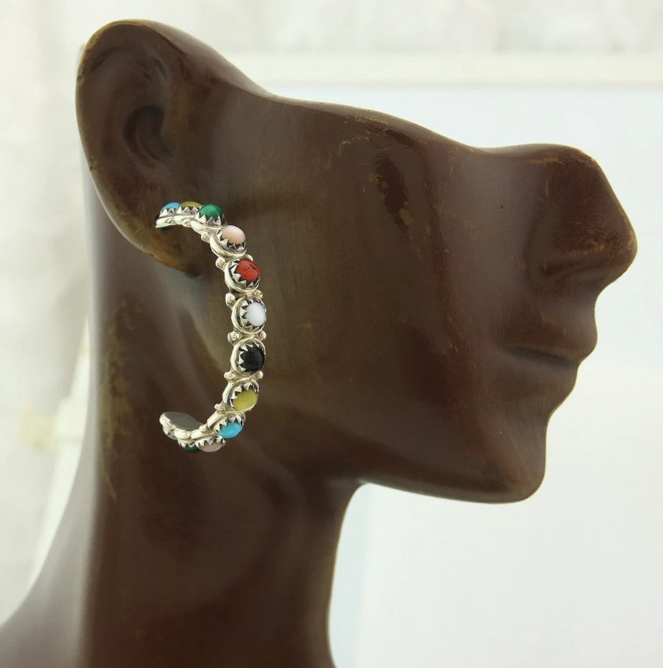 Navajo Hoop Earrings Sterling Silver Natural Gemstones Vintage Signed MCA