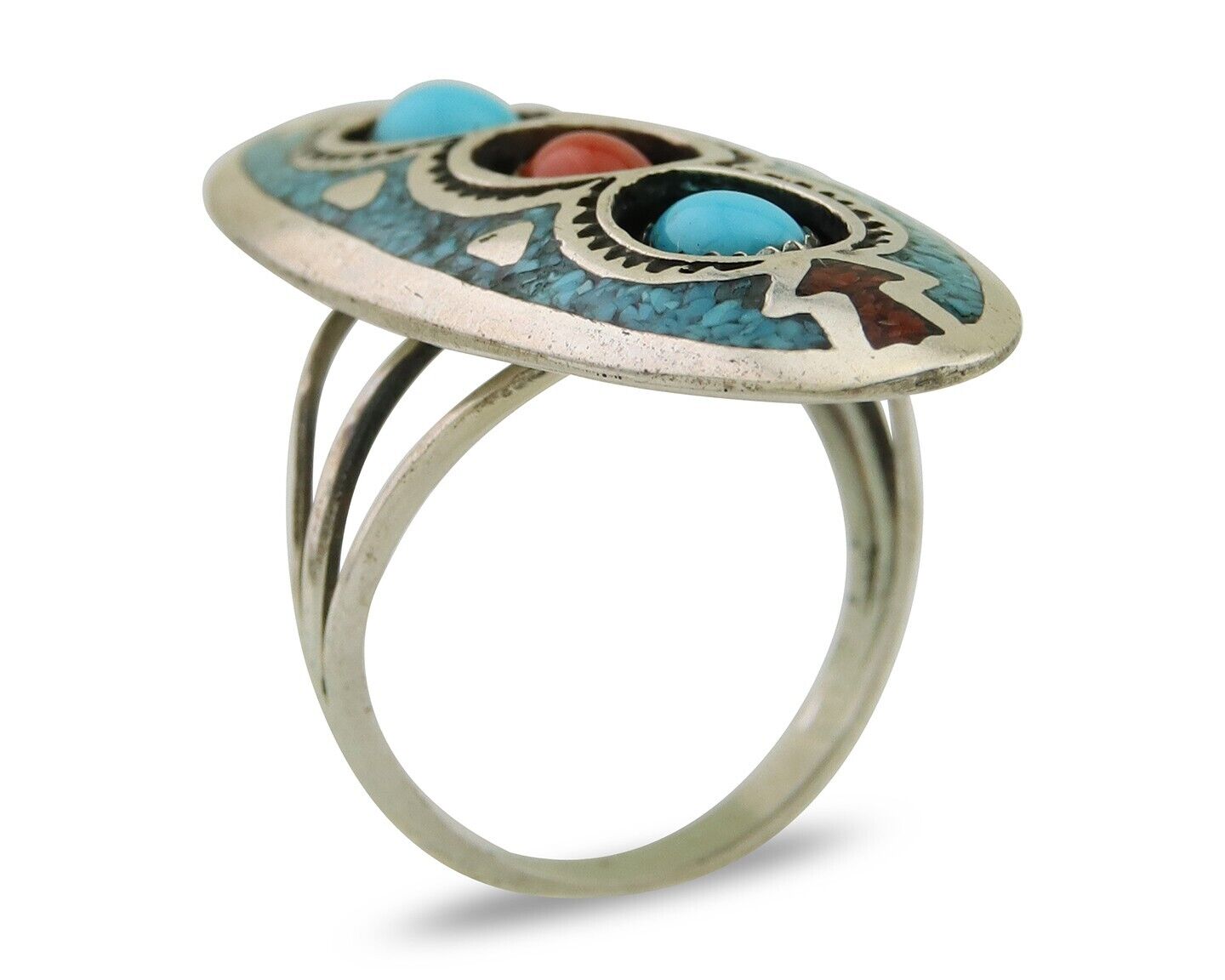 Navajo Handmade Ring 925 Silver Coral & Turquoise Signed Circle JW C.80's