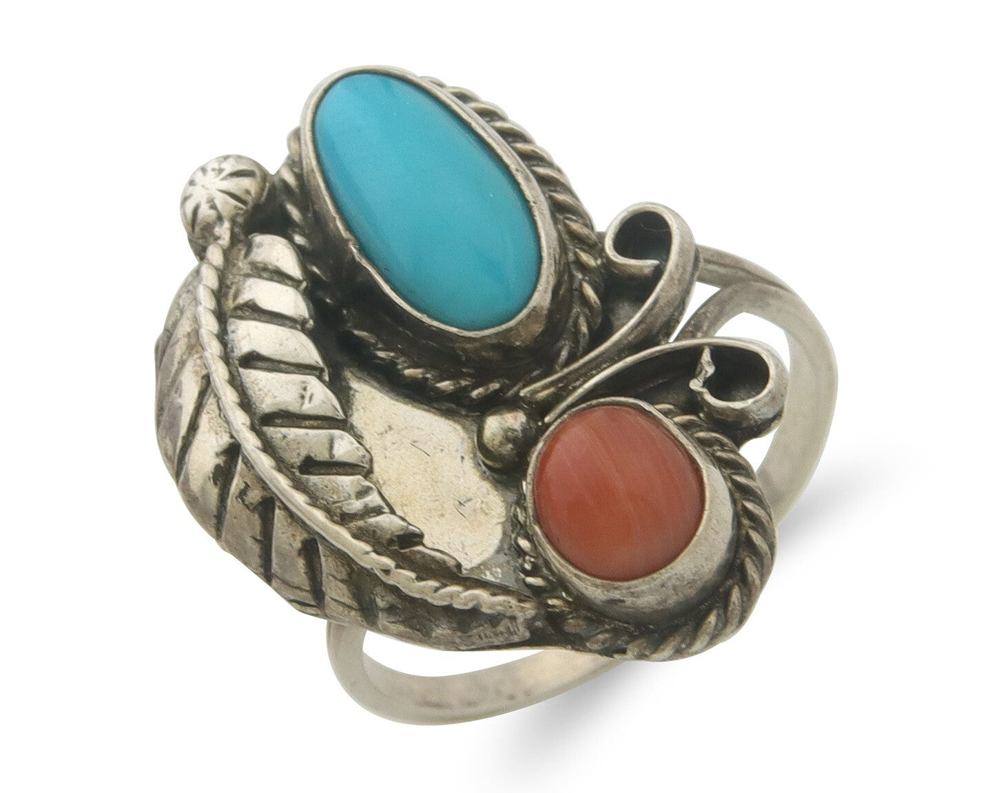 Navajo Ring 925 Sterling Natural Coral & Turquoise Signed EH C.80's Size 7.25