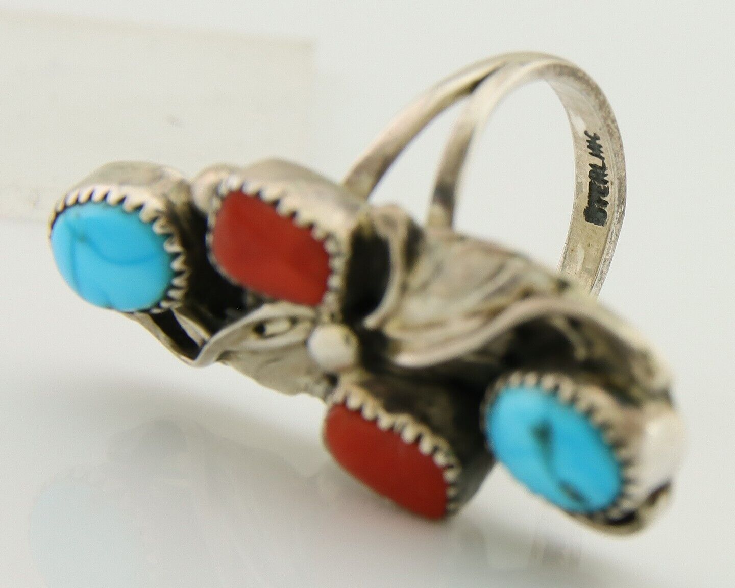 Navajo Handmade Ring 925 Silver Coral & Turquoise Native Artist C.80's