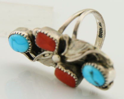 Navajo Handmade Ring 925 Silver Coral & Turquoise Native Artist C.80's