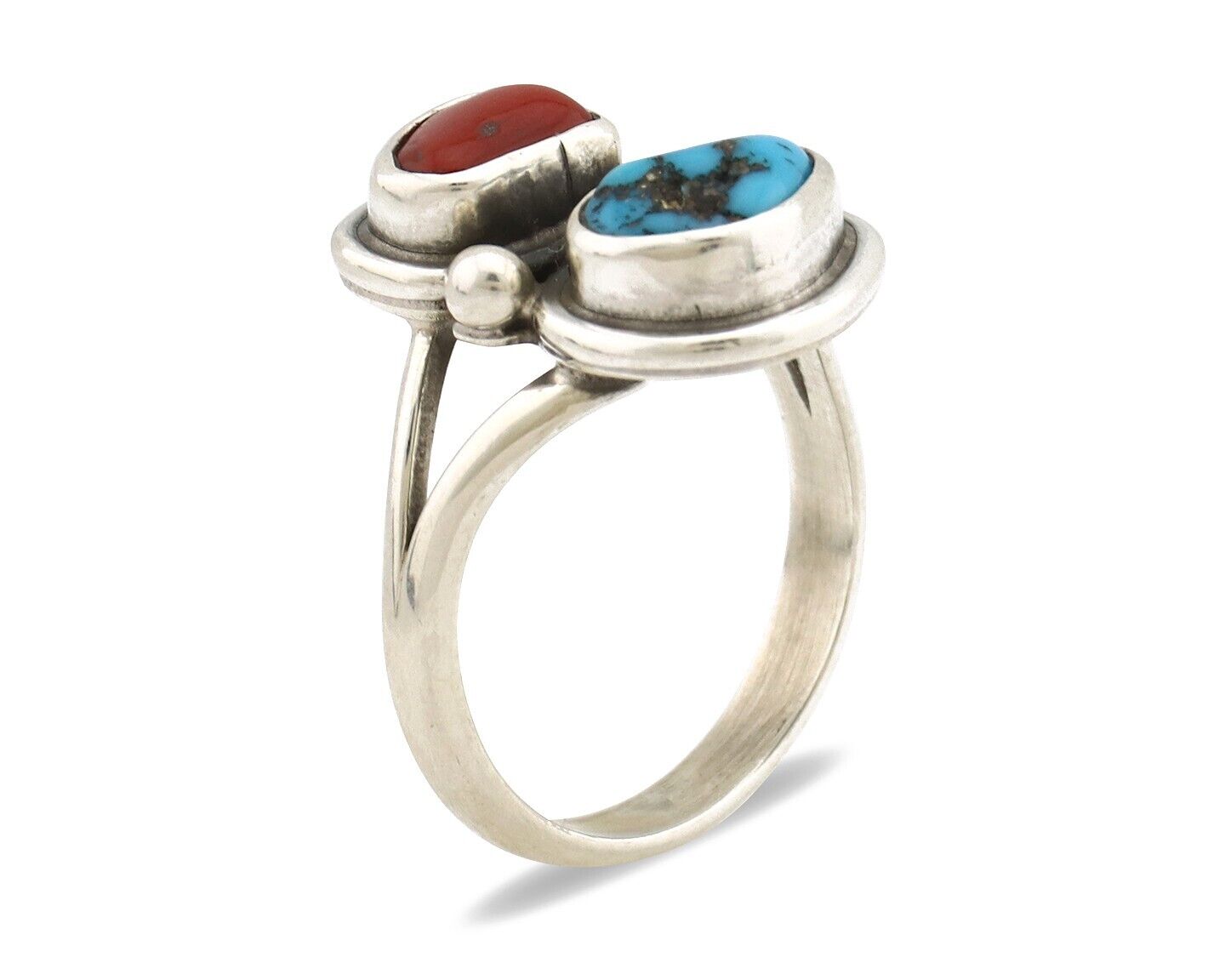 Navajo Ring 925 Silver SB Turquoise & Red Coral Native American Artist C.80s