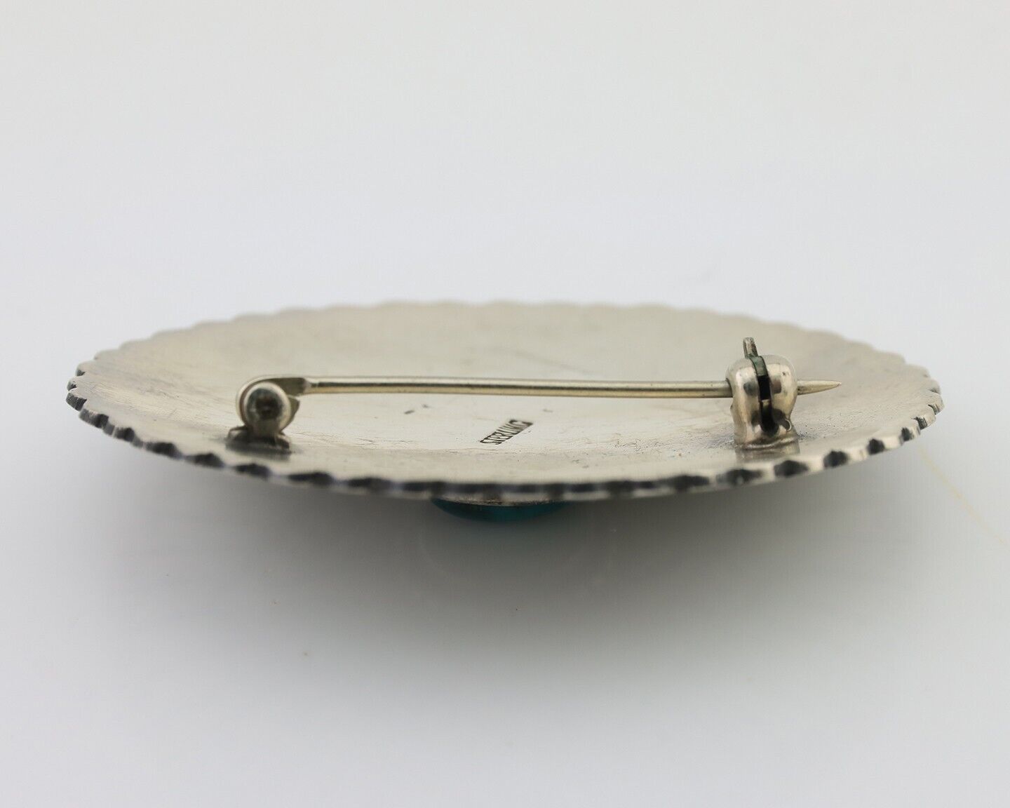 Navajo Pin 925 Silver Natural Turquoise Hand Stamped Native Artist C.80's