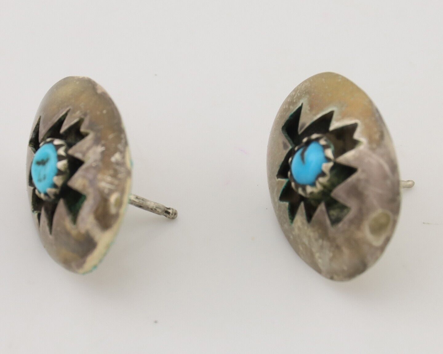 Navajo Hand Cut Earrings 925 Silver Blue Natural Turquoise Native Artist C.80's