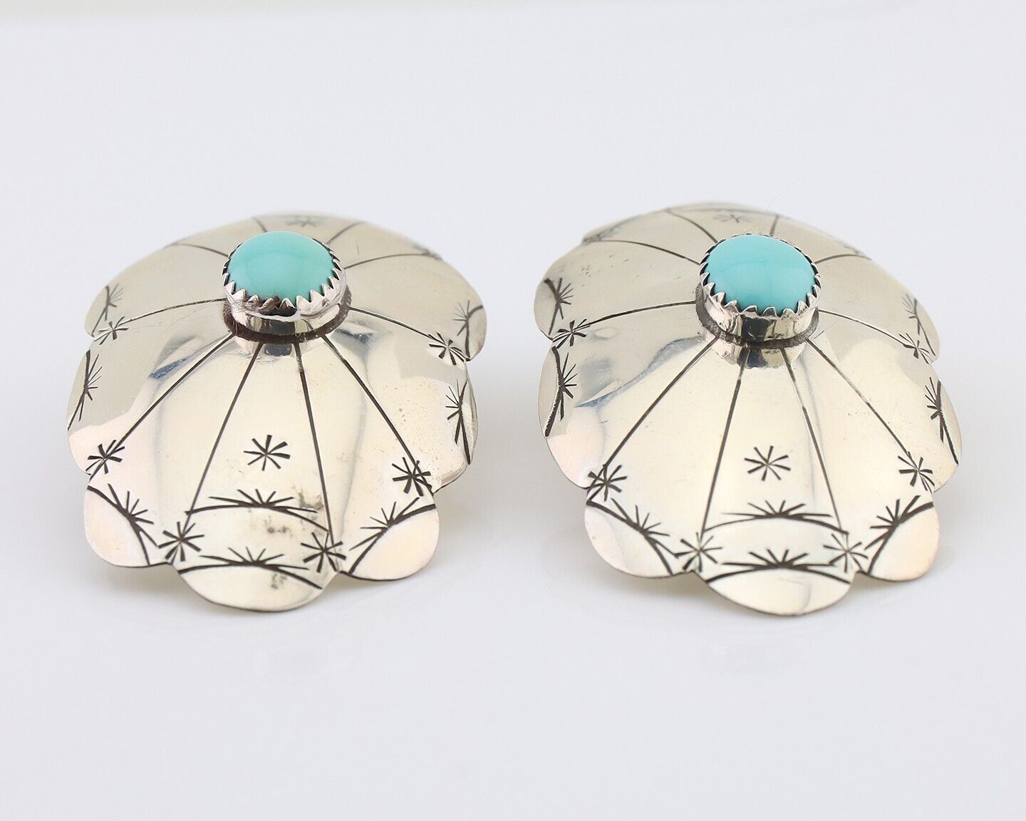 Navajo Hand Stamped Shield Earrings 925 Silver Turquoise Native Artist C.80's