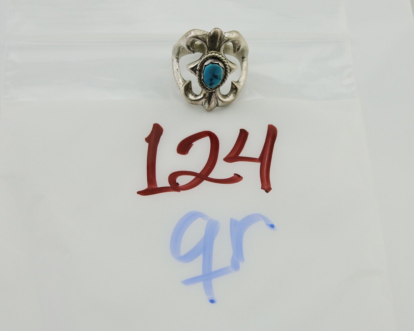 Navajo Sand Cast Ring 925 Silver Sleeping Beauty Turquoise Artist C.80's