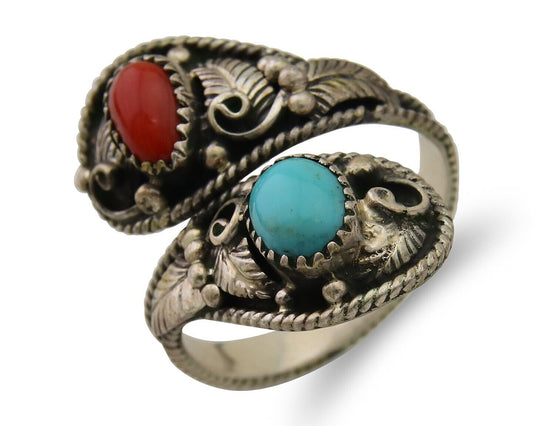 Navajo Ring 925 Silver Turquoise & Coral Artist Signed WB C.80's