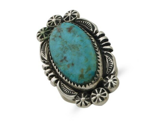 Navajo Ring 925 Silver Kingman Turquoise Big Oval Stone C.80's