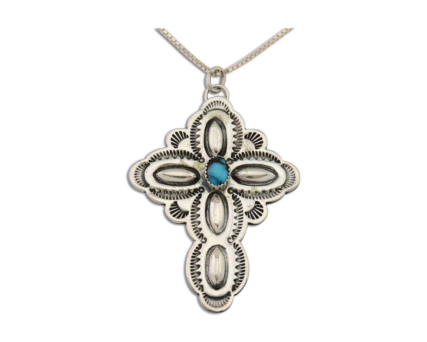 Navajo Cross Hand Stamped Necklace 925 Silver Turquoise Native Artist C.80's