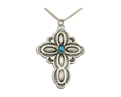 Navajo Cross Hand Stamped Necklace 925 Silver Turquoise Native Artist C.80's
