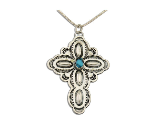 Navajo Cross Hand Stamped Necklace 925 Silver Turquoise Native Artist C.80's