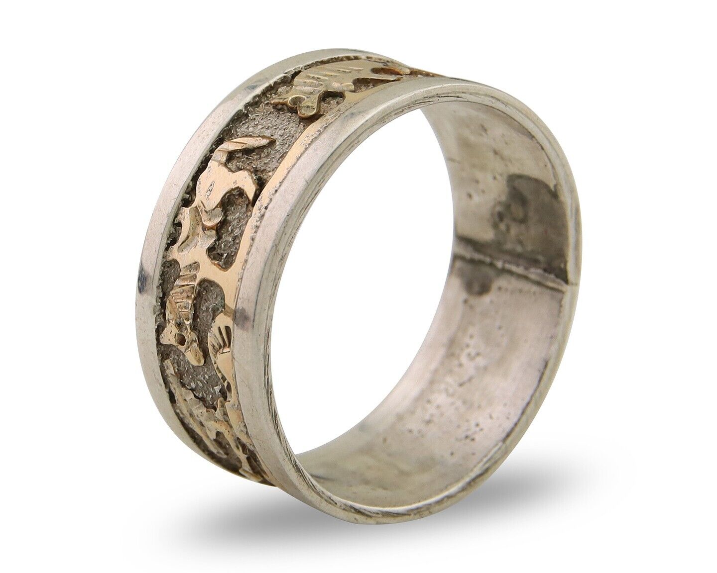 Men Navajo Handmade Ring 925 Silver & Gold Signed Tom & Sylvia Kee C.80's