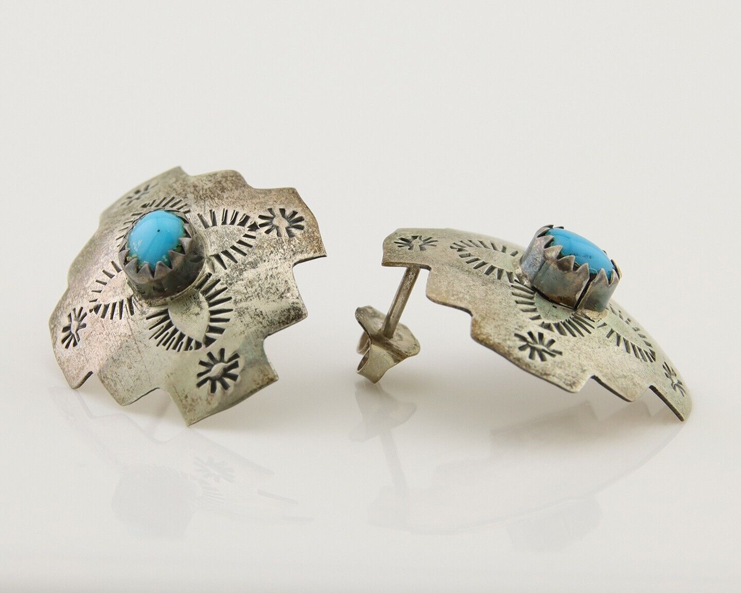 Navajo Hand Stamped Earrings 925 Silver Turquoise Native American Artist C.80's