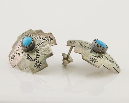 Navajo Hand Stamped Earrings 925 Silver Turquoise Native American Artist C.80's