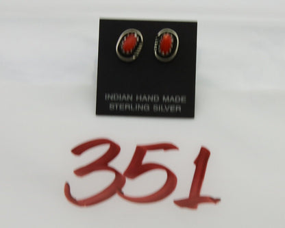 Navajo Earrings 925 Silver Natural Red Coral Native American Artist C.80's