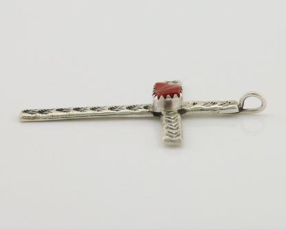Navajo Cross Pendant 925 Silver Mediterranean Coral Signed Arthur Williams C.80s