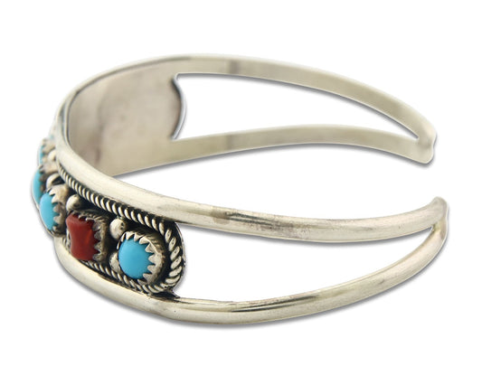 Vintage Navajo Bracelet 925 Silver Red Coral Turquoise Signed FA