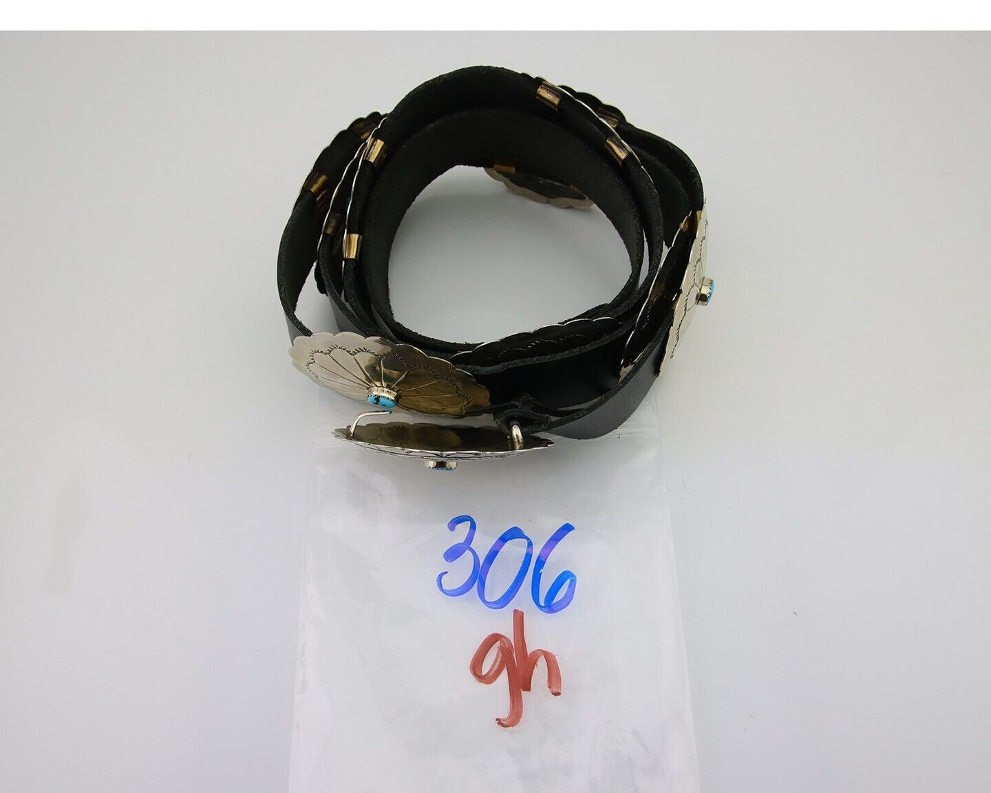 Navajo Handmade Concho Belt Turquoise 925 Silver Signed RS Arrow C.80's