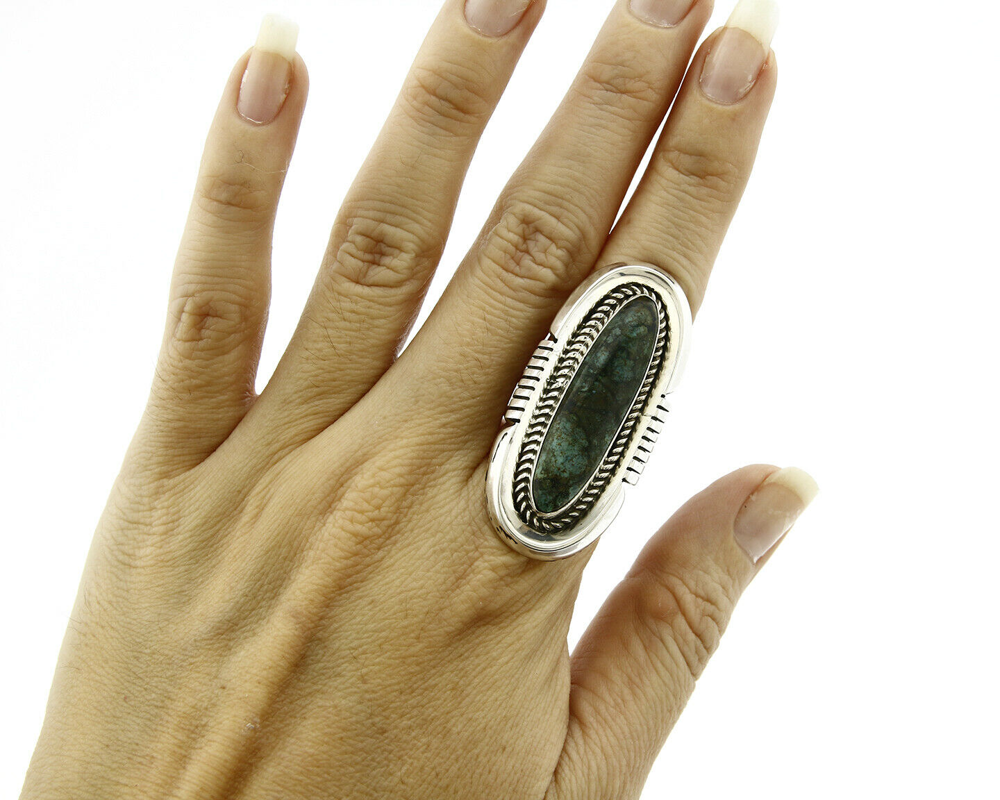 Navajo Ring .925 Silver Aqua Spiderweb Turquoise Handmade Signed MM Circa 90's