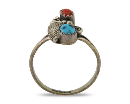 Navajo Handmade Ring 925 Silver Turquoise & Coral Native Artist C.80's
