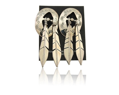 Navajo Feather Earrings 925 Silver Dangle Artist Signed DISHTA C.80's