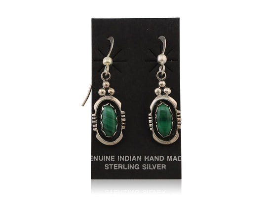 Navajo Dangle Earrings 925 Silver Natural Malachite Native American Artist C.80s