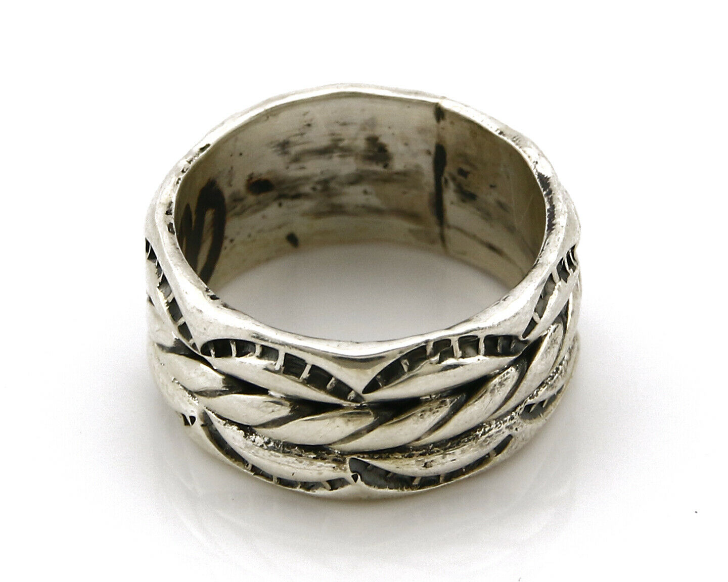 Navajo Ring .925 Silver Handmade Hand Stamped 3 Row Rope Band C.1980's Size 5.5