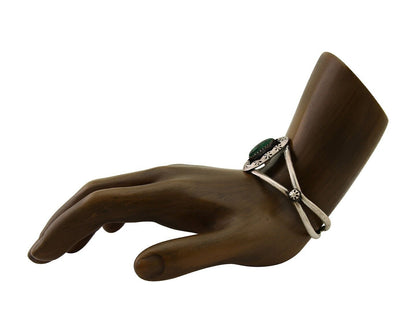 Navajo Hand Stamped Cuff Bracelet Malachite 925 Silver Artist Signed IJC C.80's