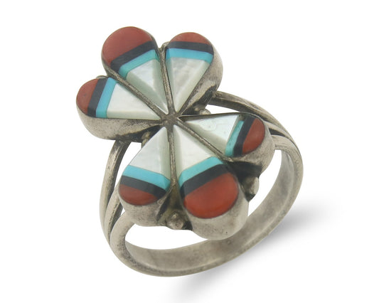 Vintage Navajo Ring 925 Sterling Gemstone Signed A Sunburst Size 6.75