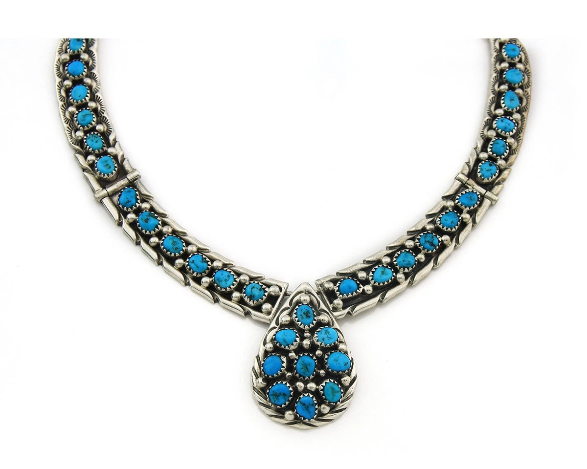 Navajo Necklace 925 Sterling Silver Natural Turquoise Vintage Signed D C.80's