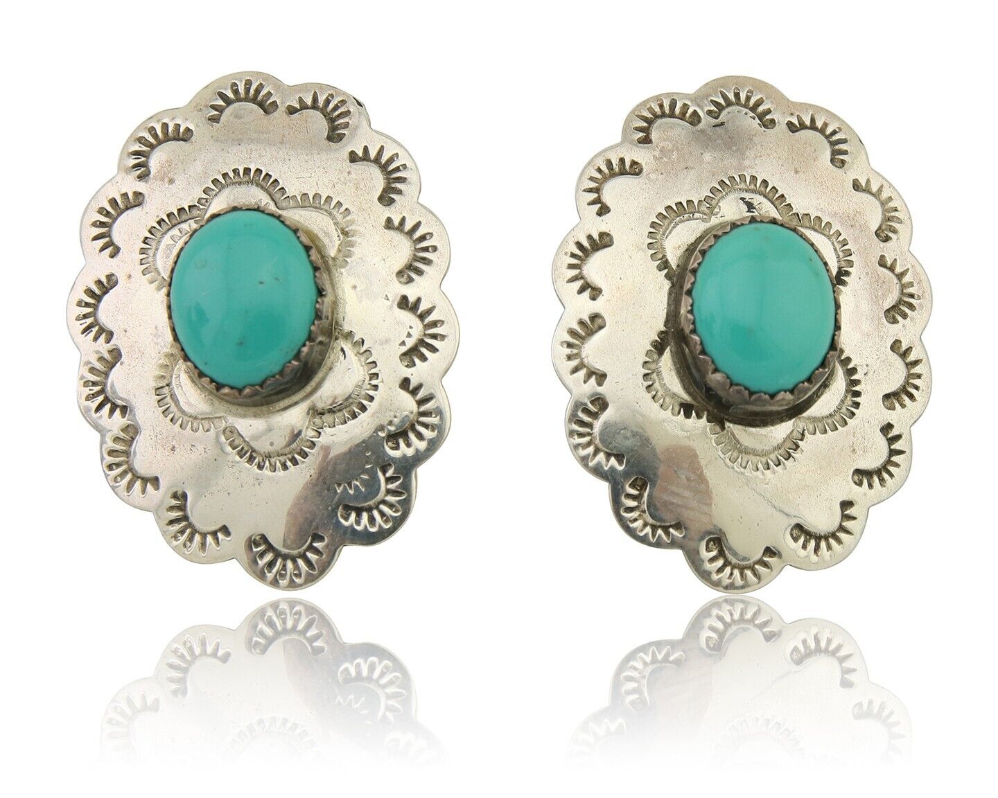 Navajo Hand Stamped Earrings 925 Silver Natural Turquoise Native Artist C.80's