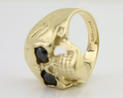 Men 14k SOLID Gold Skull Ring Black Glass Eyes Size 12