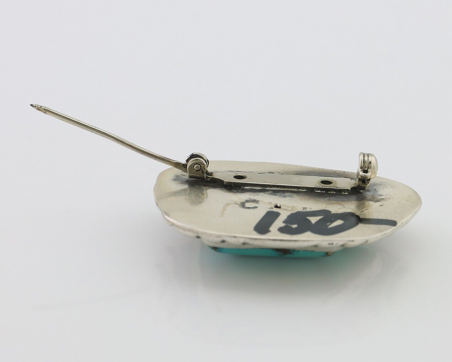 Navajo Pin 925 Silver Natural Royston Turquoise Signed C Raincloud C.80's