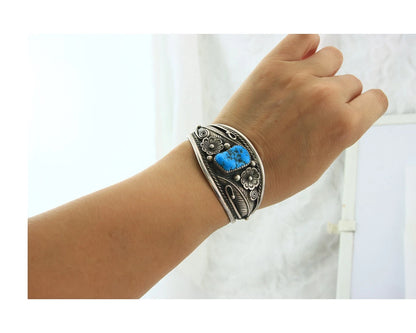 Navajo Cuff Bracelet Sterling Silver Gem Turquoise Handmade Vintage Signed