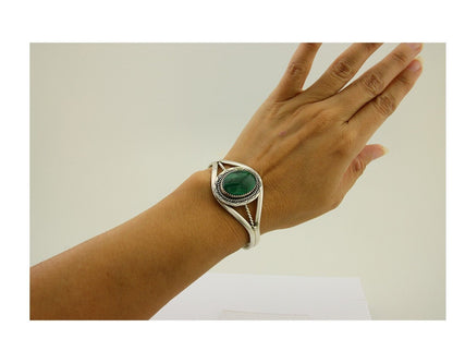 Navajo Cuff Bracelet Natural Malachite 925 Silver Native American Artist C.80s