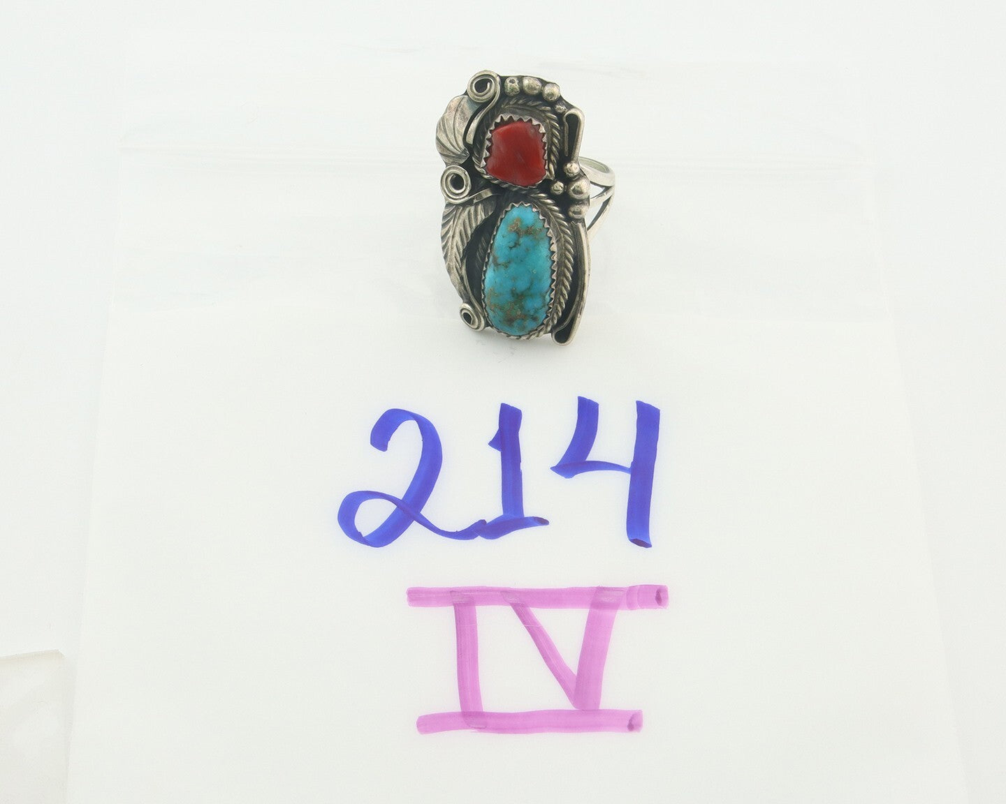 Navajo Ring 925 Sterling Natural Coral & Turquoise Signed JM C.80's Size 9.0