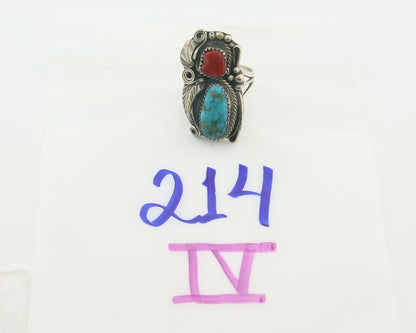 Navajo Ring 925 Sterling Natural Coral & Turquoise Signed JM C.80's Size 9.0