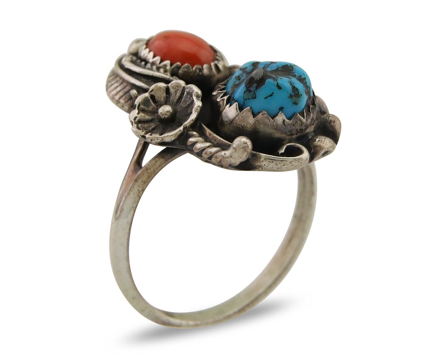 Navajo Ring 925 Silver Turquoise & Coral Artist Signed SC C.80's