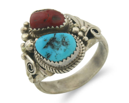 Men Navajo Ring 925 Sterling Natural Coral & Turquoise Signed JM C.80's Sz 12.75