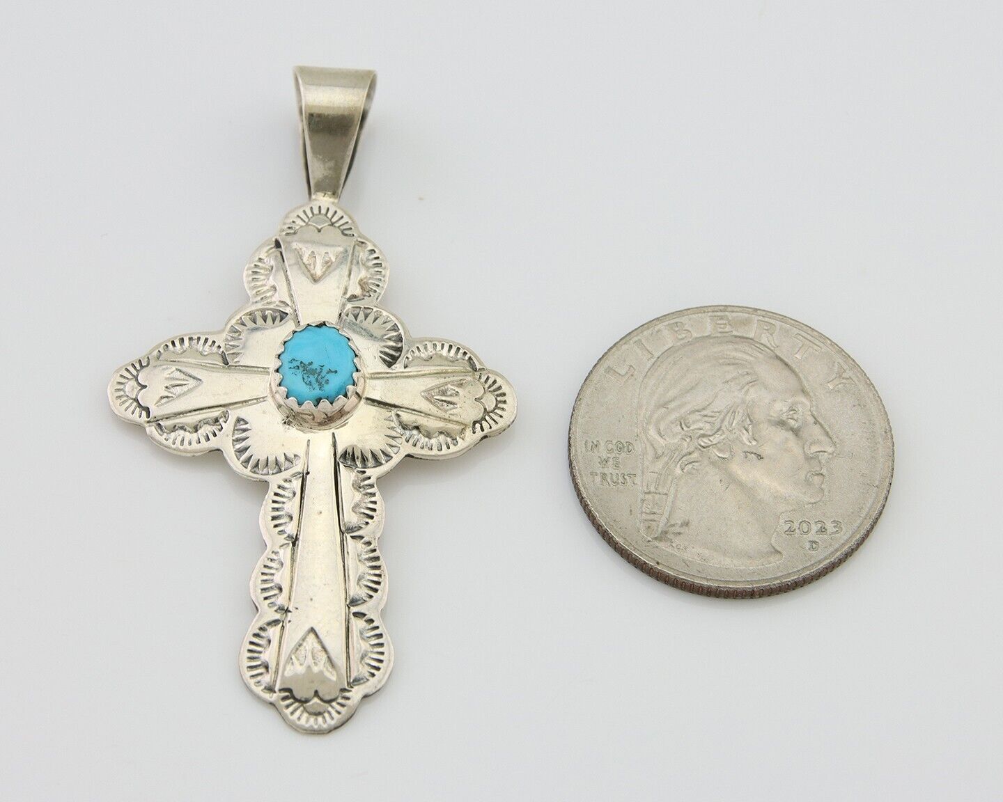 Navajo Cross Hand Stamped Pendant 925 Silver Turquoise Artist Gilbert Lee C.80's