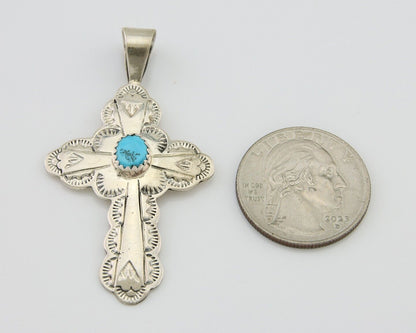 Navajo Cross Hand Stamped Pendant 925 Silver Turquoise Artist Gilbert Lee C.80's