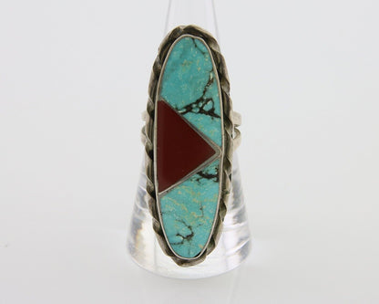 Navajo Ring 925 Silver Natural Turquoise Coral Signed Norman Lee Size 7.75