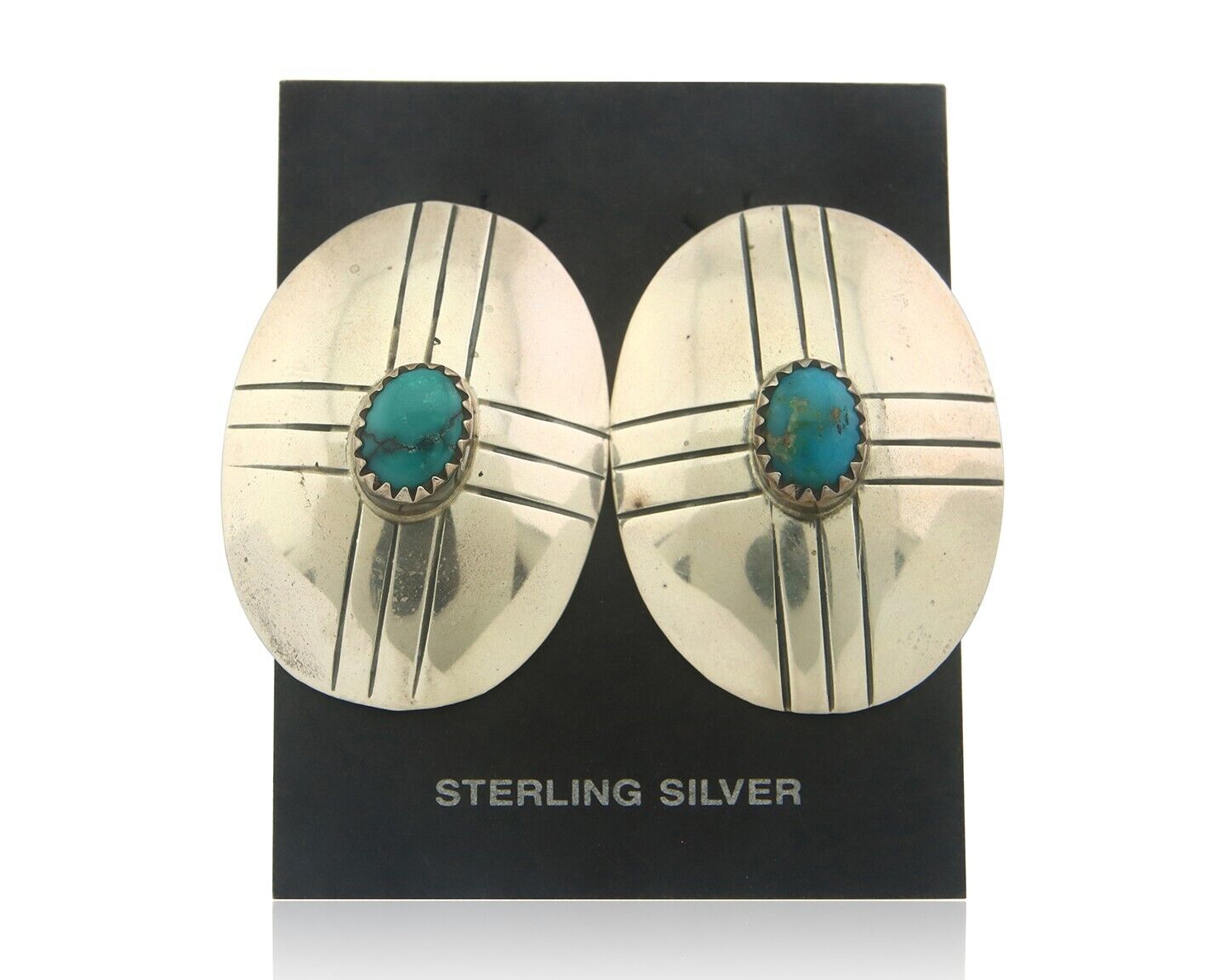 Navajo Earrings 925 Silver Handmade Concho Natural Turquoise Native Artist C80s