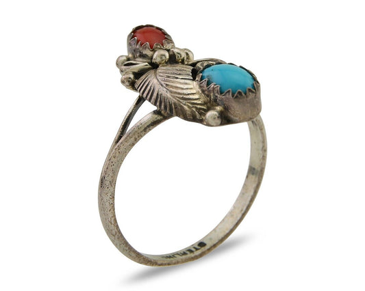 Navajo Handmade Ring 925 Silver Turquoise & Coral Native Artist C.80's