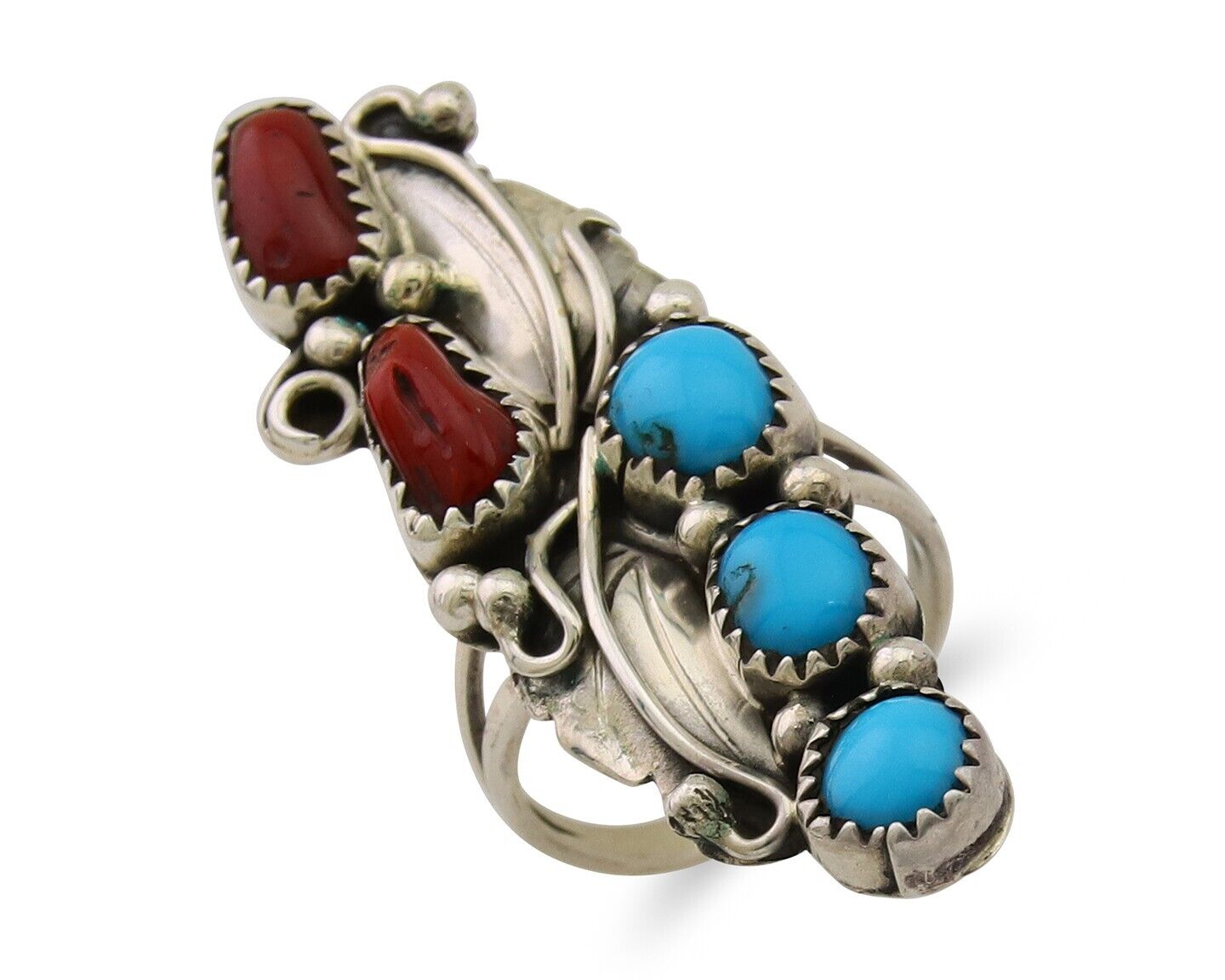 Navajo Handmade Ring 925 Silver Turquoise & Coral Native Artist C.80's